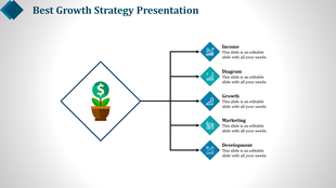 Growth strategy slide showing a plant symbolizing income, with five connected blue diamond icons representing stages.
