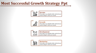 Four-step growth strategy process with income, growth, development, and marketing icons in vertical boxes.