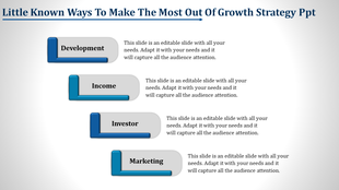 Growth strategy slide with four sections labeled Development, Income, Investor, and Marketing, each with captions.