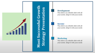 Bar chart with red upward arrow beside a vertical blue column, and three labeled growth strategy topics on the right.
