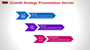 Growth strategy slide featuring three colorful arrows labeled Income, Investor, and Development with corresponding icons.