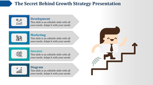 Four-step growth strategy blocks with icons and captions next to a businessman climbing a staircase graphic.