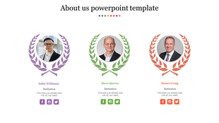 About us slide with three team member profiles, each framed by colored laurel wreaths and social media icons below.