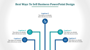 Business PPT slide design featuring five sections with icons for different business strategies, each with captions.