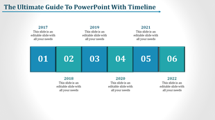 A timeline slide for PowerPoint, featuring the years 2017 to 2022 with corresponding placeholders for each year.
