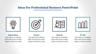 Business infographic with four sections showing icons for innovation, target, search, and profit, each in boxes with text.