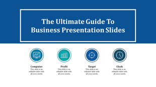 Slide design featuring a blue banner title and four icons representing key business concepts with captions.
