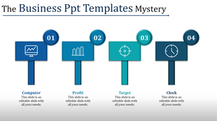 Horizontal infographic with four numbered rectangles in blue and teal tones, each containing icons and descriptions.