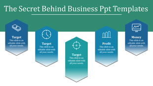 Five blue and teal hexagonal banners with business icons and text, aligned horizontally under a green header.