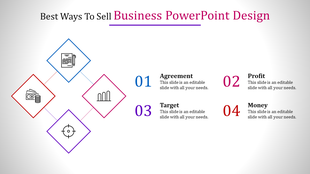 Business layout featuring four diamond shaped icons linked diagonally, with numbered steps and descriptions.