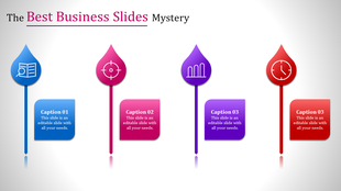 Vertical drop shaped icons in blue, pink, purple, and red with caption boxes, arranged in a linear layout.