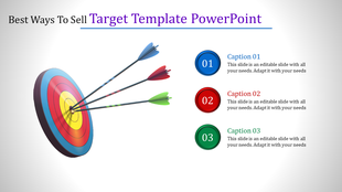 3D target graphic with three arrows hitting the center, alongside numbered captions 01, 02, and 03. 