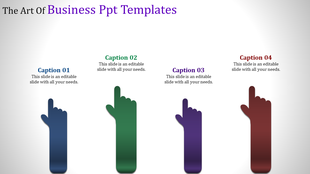 Four pointing fingers with captions in a business presentation template.