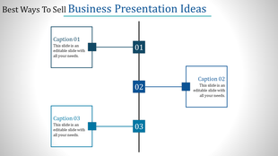 Template with a vertical line and three numbered boxes labeled Caption 01 to 03 with placeholder text.