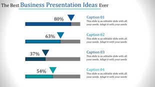 PowerPoint template with four horizontal bars, each with a percentage, arrow, and Caption.