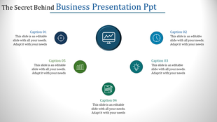 Business PPT slide with five icons representing strategy, growth, timing, innovation, and documentation, each with captions.