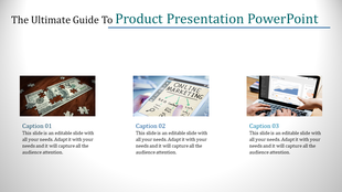 Slide with three images in a row of puzzle pieces, online marketing tools, and a laptop with charts, each paired with text.