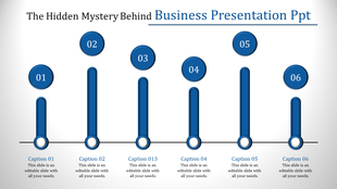 Business slide with six vertical blue bars and circular numbered icons, each with captions below for presentation steps.
