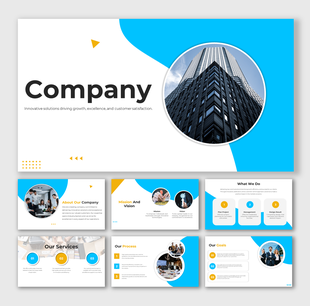 Corporate slide deck with a blue and white theme, showcasing company information, services, process, and goals.