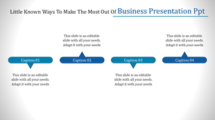 Business slide featuring a linear arrangement of four blue labels with corresponding text descriptions.