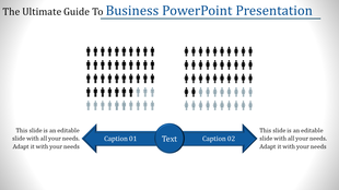 Business PowerPoint slide with illustrations of male and female icons, along with captions for presenting data.