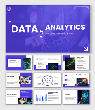 Data Analytics PowerPoint with purple gradient slides, charts, dashboards, icons, and geometric shapes layout.