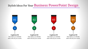 A business PowerPoint design template with medals numbered from 01 to 04, each with a corresponding caption.