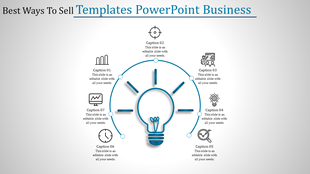 Business infographic with a central light bulb and seven captions in circular alignment, each paired with unique icons.