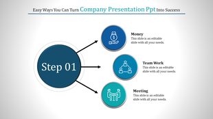 Circular step for company infographic linked to icons for financials, collaboration, and meetings with caption areas.