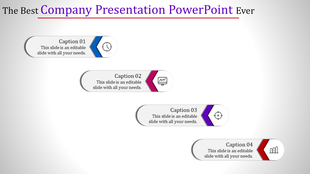 Four horizontal rounded banners with icons and captions in blue, pink, purple, and red, arranged diagonally.