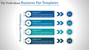 Four step business infographic with A to D labels, featuring blue captions, and numbered arrows on a white background.