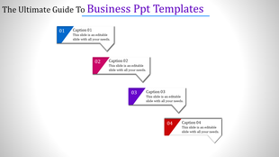 Business slide with four numbered steps (1 to 4), each in a colored block with icons and caption areas.