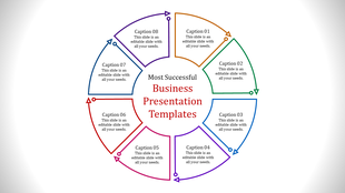 Business presentation template with eight sections, each highlighted by different colors and captions.