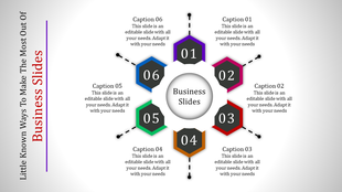 Business slide with six sections around a central circle labeled Business Slides, each section with a corresponding caption.