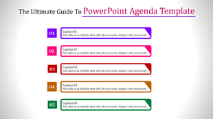 Agenda slide showing five color-coded sections with numbered captions, from 01 to 05, each featuring placeholder text.