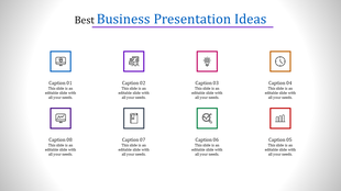 Eight business themed icons, including monitor, light bulb, chart, and clock, in multicolored squares with captions areas.