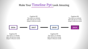PowerPoint timeline template with years 2016 to 2019 and text boxes for descriptions.