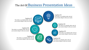 Business ideas slide with seven circular colorful icons representing various concepts and captions for text.