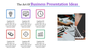 Slide with six icons in colorful boxes, showcasing business presentation ideas with captions and an image of a workspace.