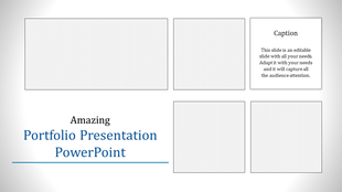 Portfolio PowerPoint presentation slide with empty spaces for images and text, featuring a caption.