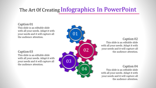 Slide showing four gears in different colors, with each gear representing a numbered step and caption area.