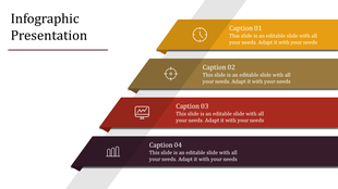 Infographic slide with four horizontal banners in yellow, brown, red, and dark purple, each with icons and captions.