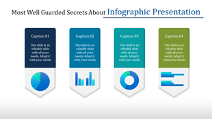 Infographic slide with four vertical banners in dark blue, blue, teal, and green, each with charts and captions.