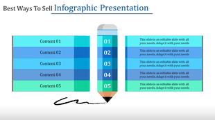 Slide with a pencil graphic in the center, surrounded by two tables with five blue and green content blocks labeled 01 to 05.
