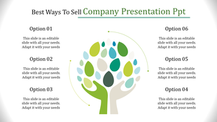 Company slide with a colorful tree-shaped graphic at the center and six labeled options around it.