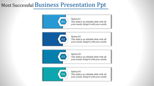 Business slide showing four blue gradient sections with white hexagon icons and placeholders text areas.