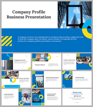 Company profile business PPT with various slides highlighting company overview, history, services, and growth strategy.