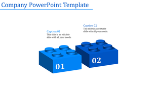 Two blue 3D blocks numbered 01 and 02, with captions above each, set on a white background.
