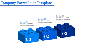 Three blue 3D company blocks, transitioning from light to dark, numbered 01 to 03, with captions placed above each.