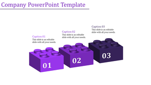 Company PowerPoint template featuring three 3D purple Lego blocks, each with a numbered caption.